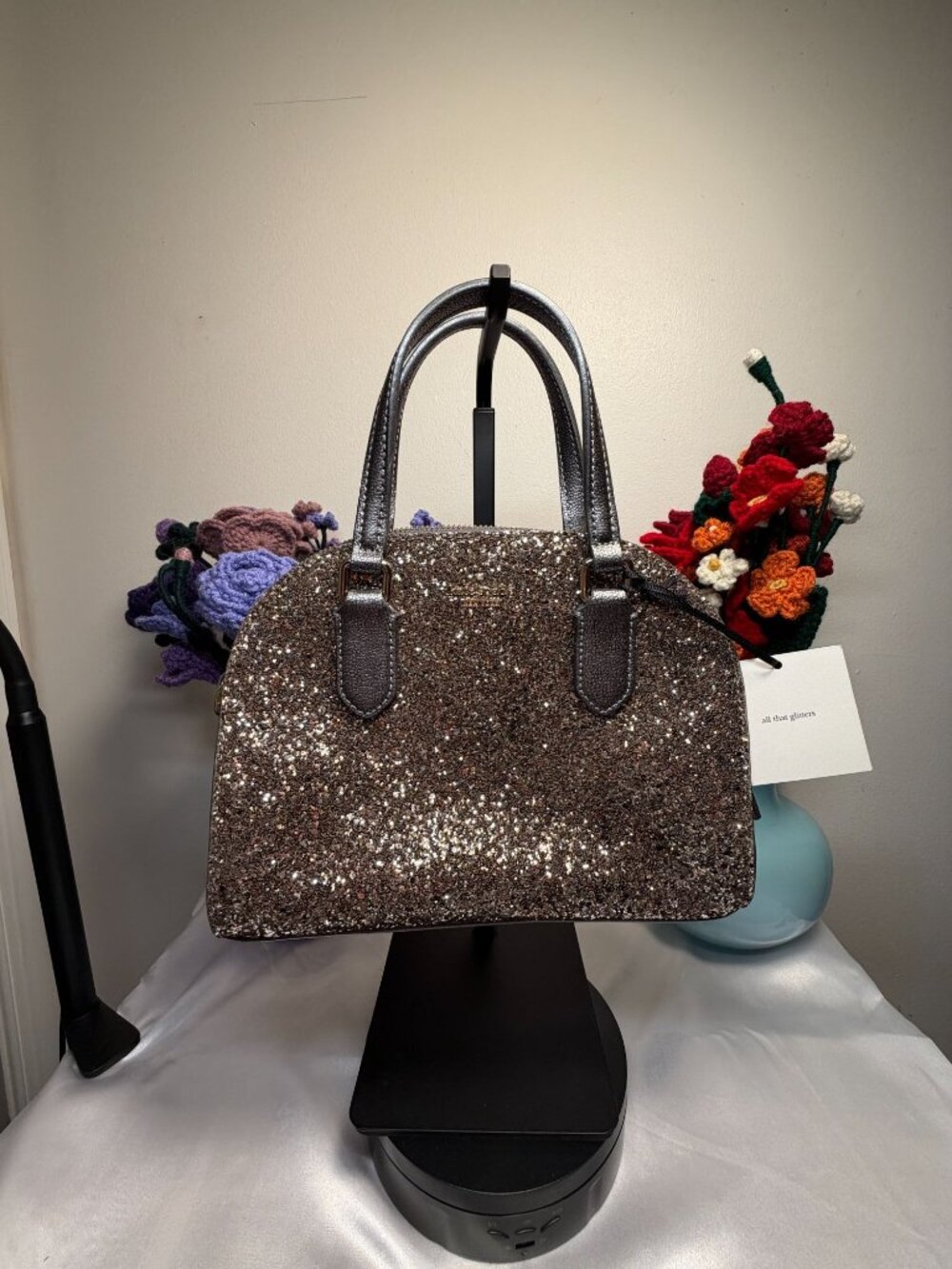 Kate Spade Sparkly Glitter Handbag With Metallic Handles & Gold Accents EUC